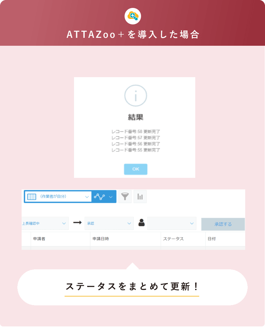 ATTAZoo＋を導入した場合対象 ステータスをまとめて更新！