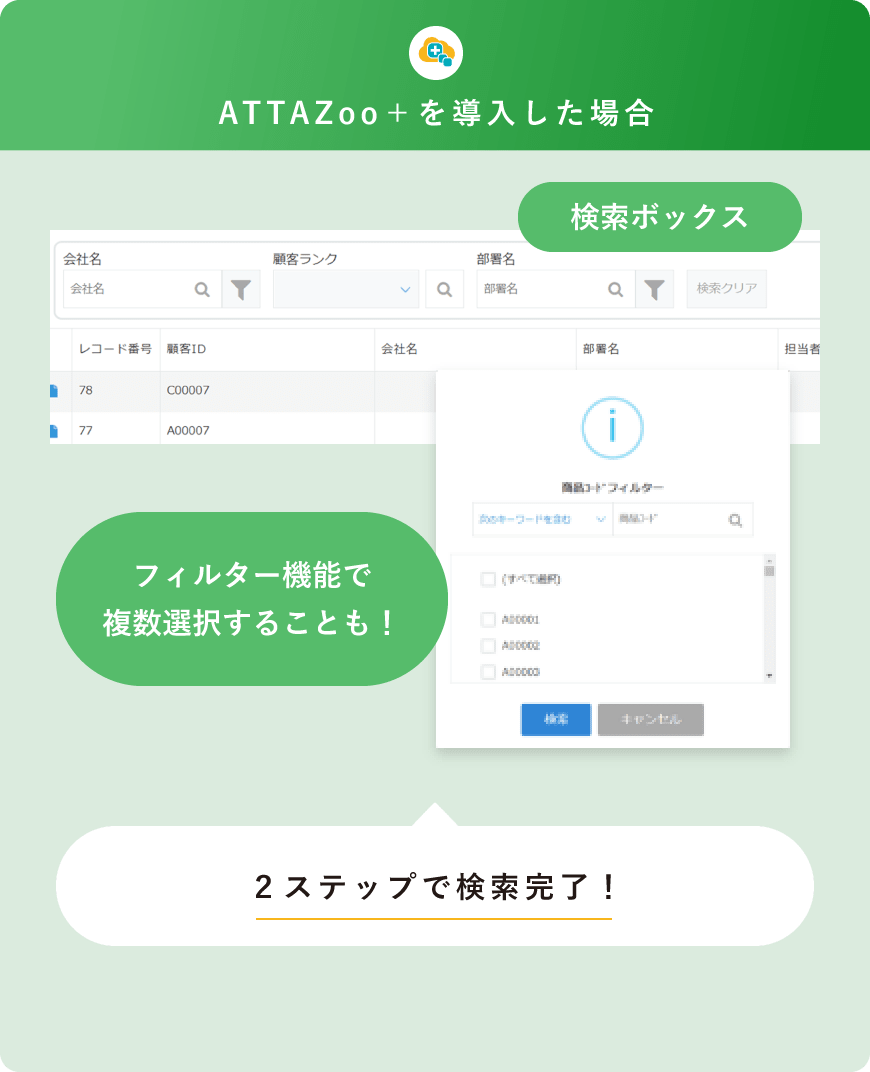 ATTAZoo＋を導入した場合対象 2ステップで検索完了！